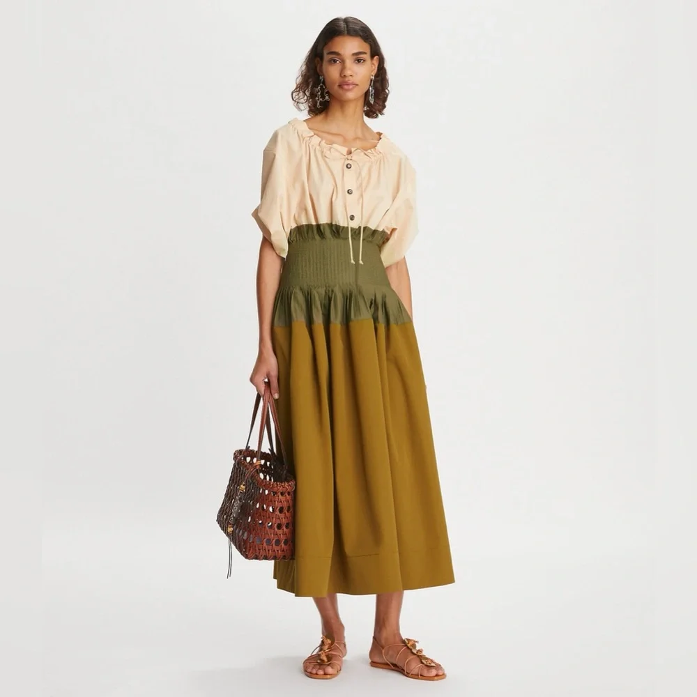 NWT $698 Tory Burch Off-shoulder Colorblock Poplin Dress